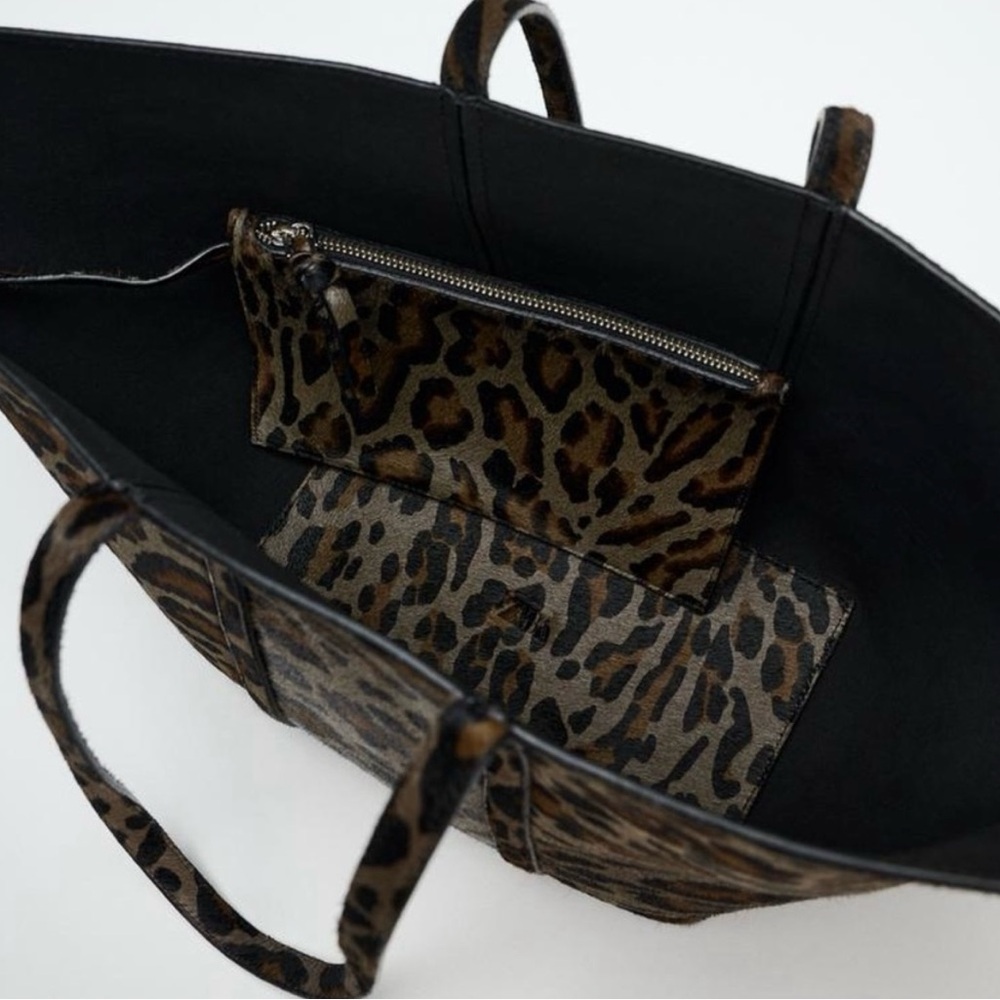 Zara Leather Leopard/Animal Print Tote Bag with Pouch - Picture 2 of 4